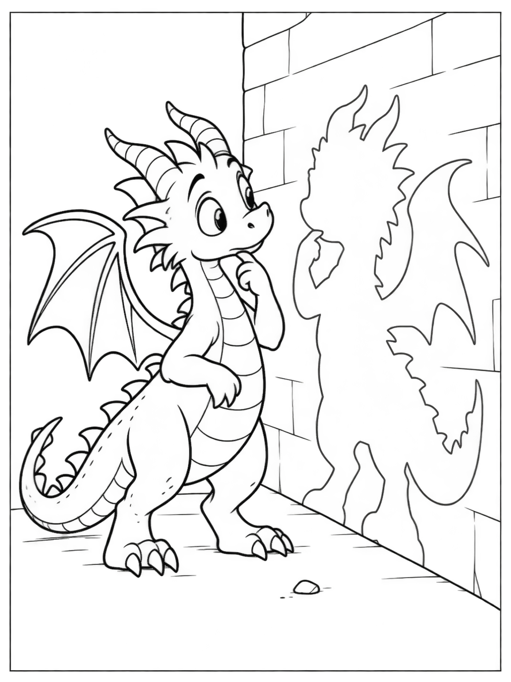 Curious dragon looking at its winged shadow on a wall coloring page
