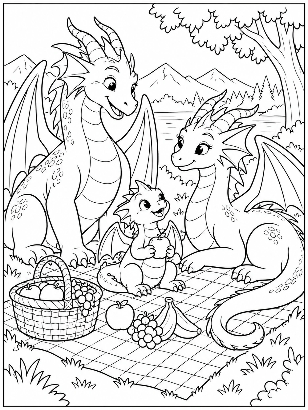 Two friendly dragons and a hatchling sharing a picnic coloring page