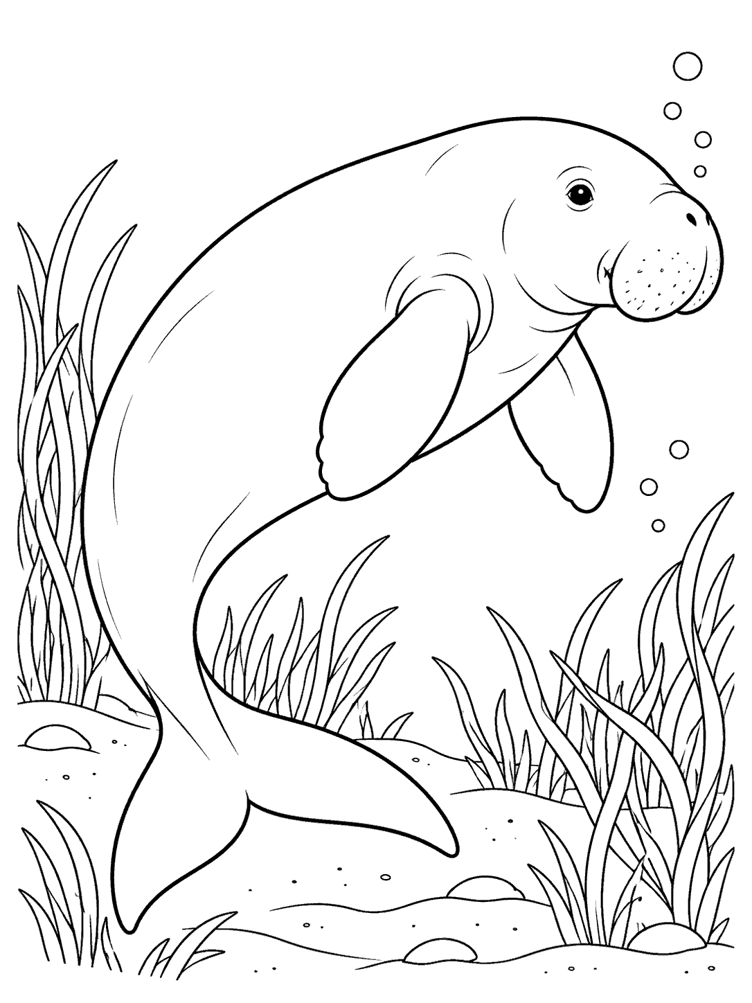 Dugong swimming with a curled fluked tail coloring page