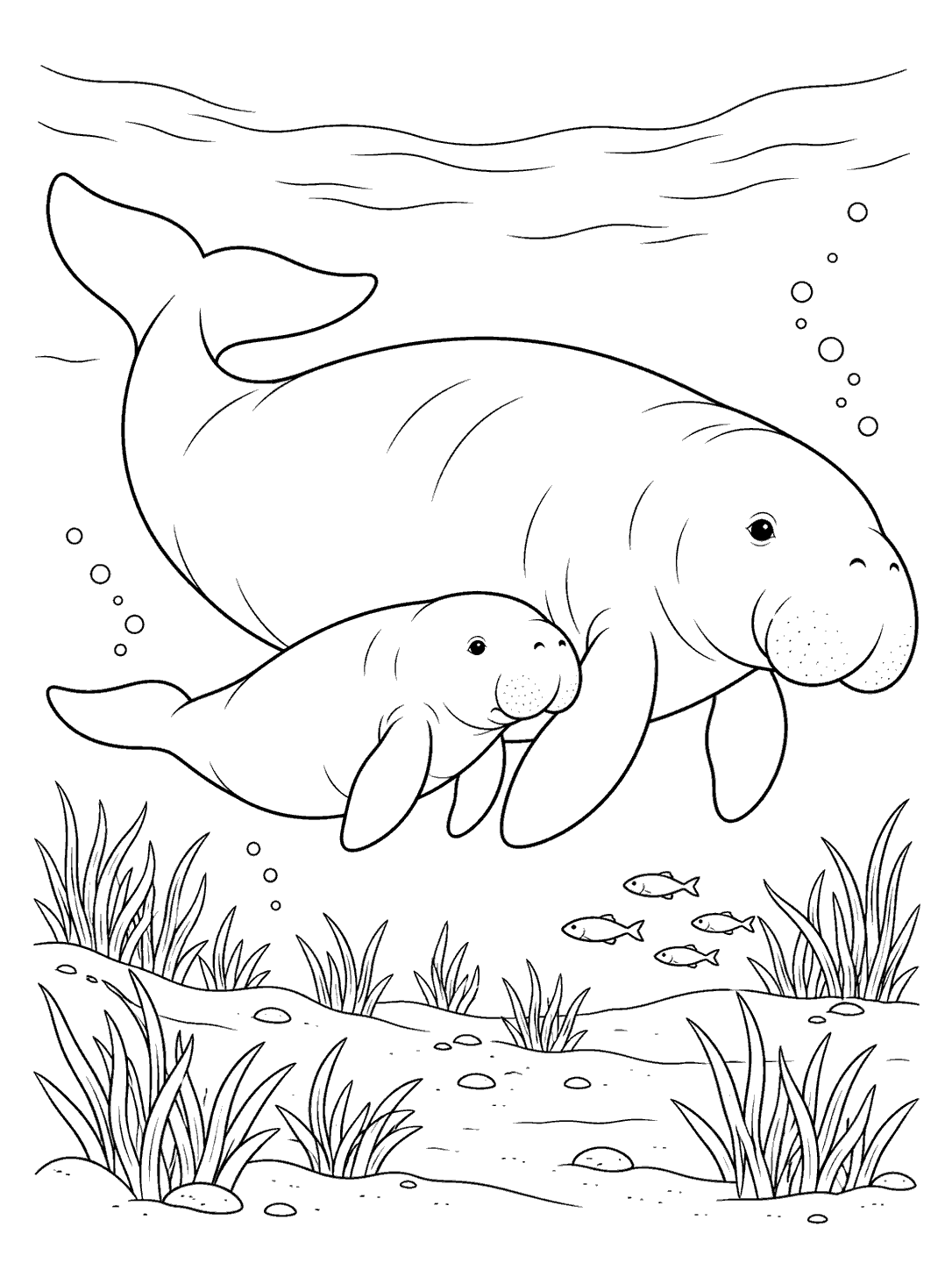 Black-and-white dugong mother swimming beside her calf among bubbles, fish, and seagrass, coloring page
