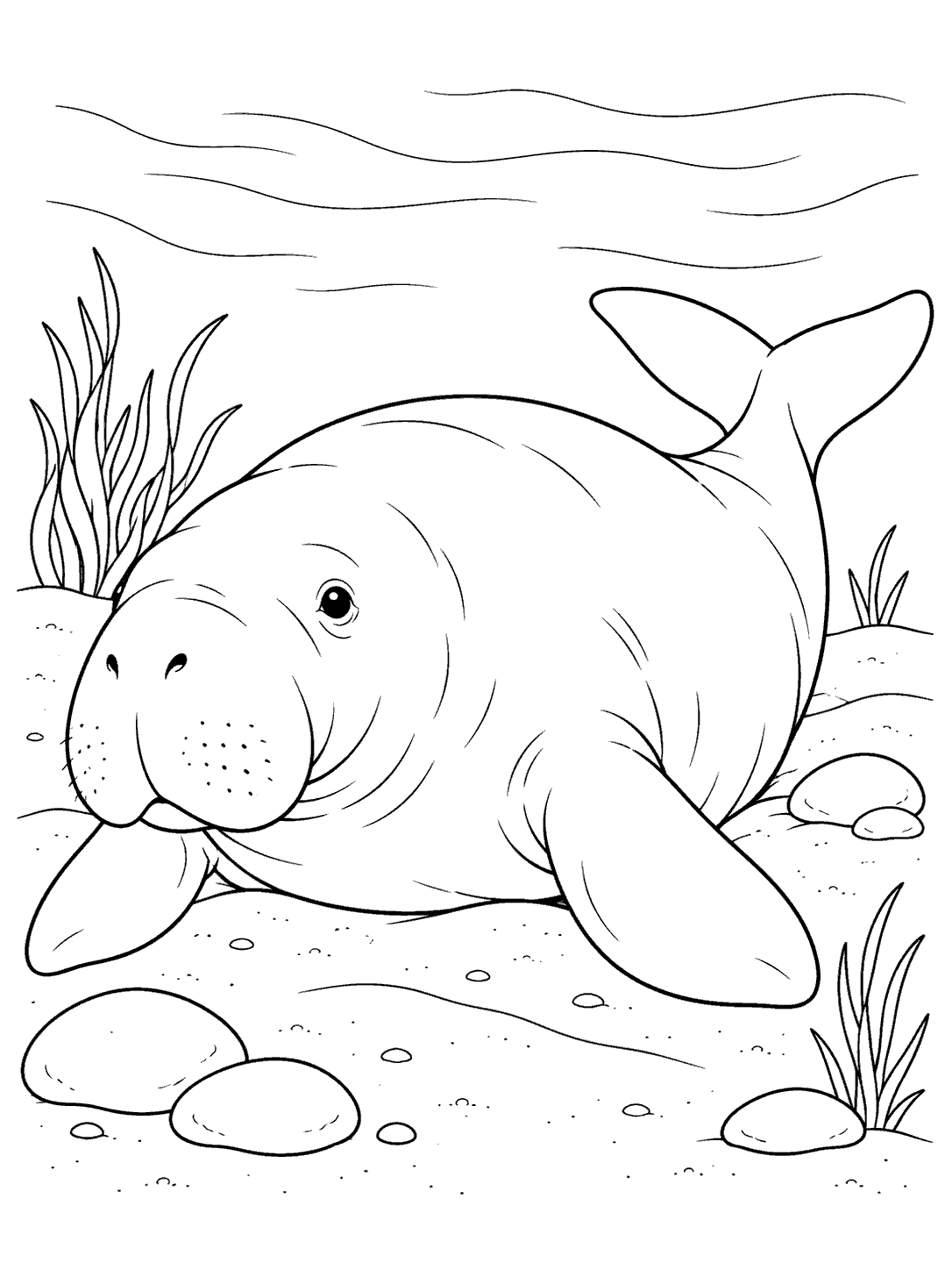 Dugong resting calmly on a sandy seabed coloring page