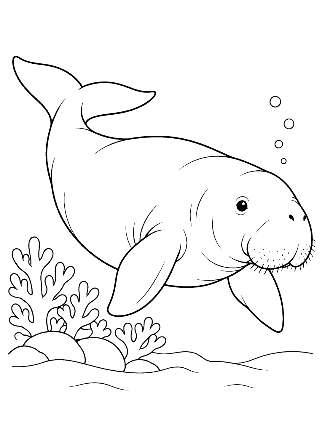 Dugong swimming past simple coral shapes coloring page