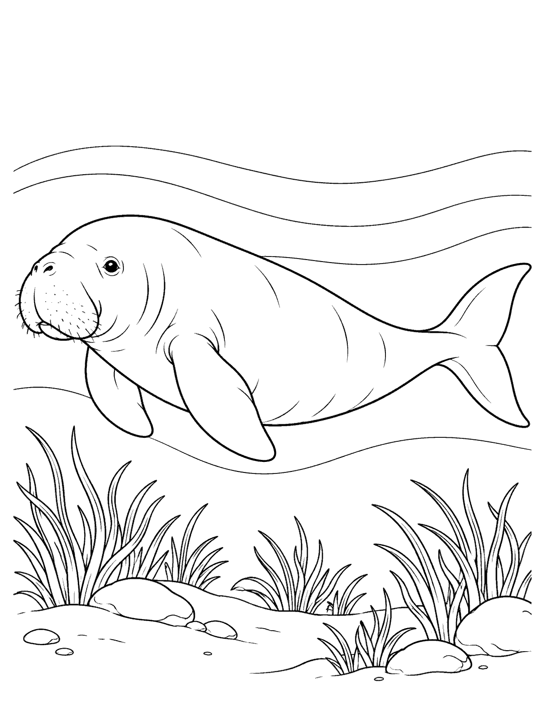 Dugong drifting through gentle ocean currents coloring page