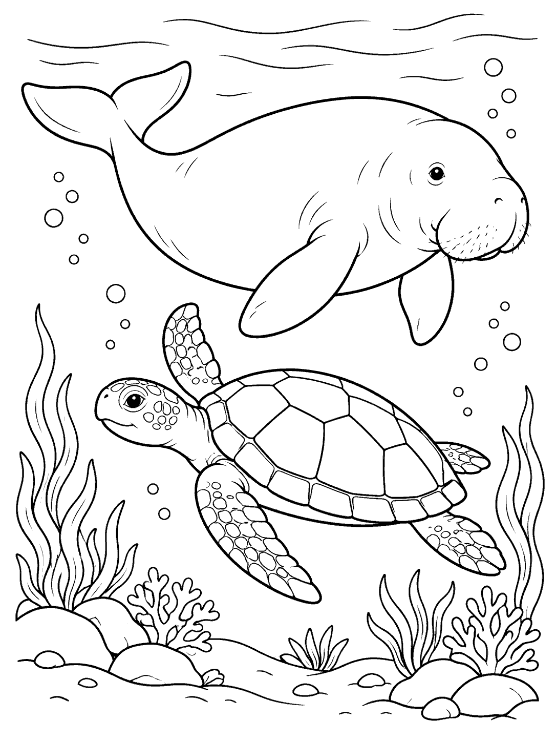 Dugong swimming above a sea turtle in a black-and-white coloring page with coral and bubbles.