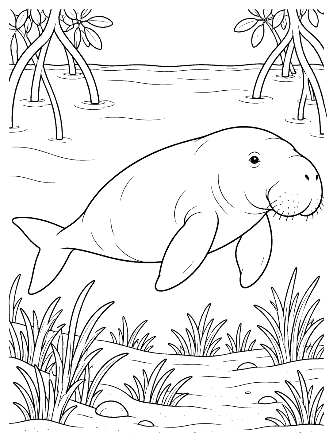 Black-and-white dugong coloring page showing a dugong swimming beneath mangrove roots, with shoreline grasses below.