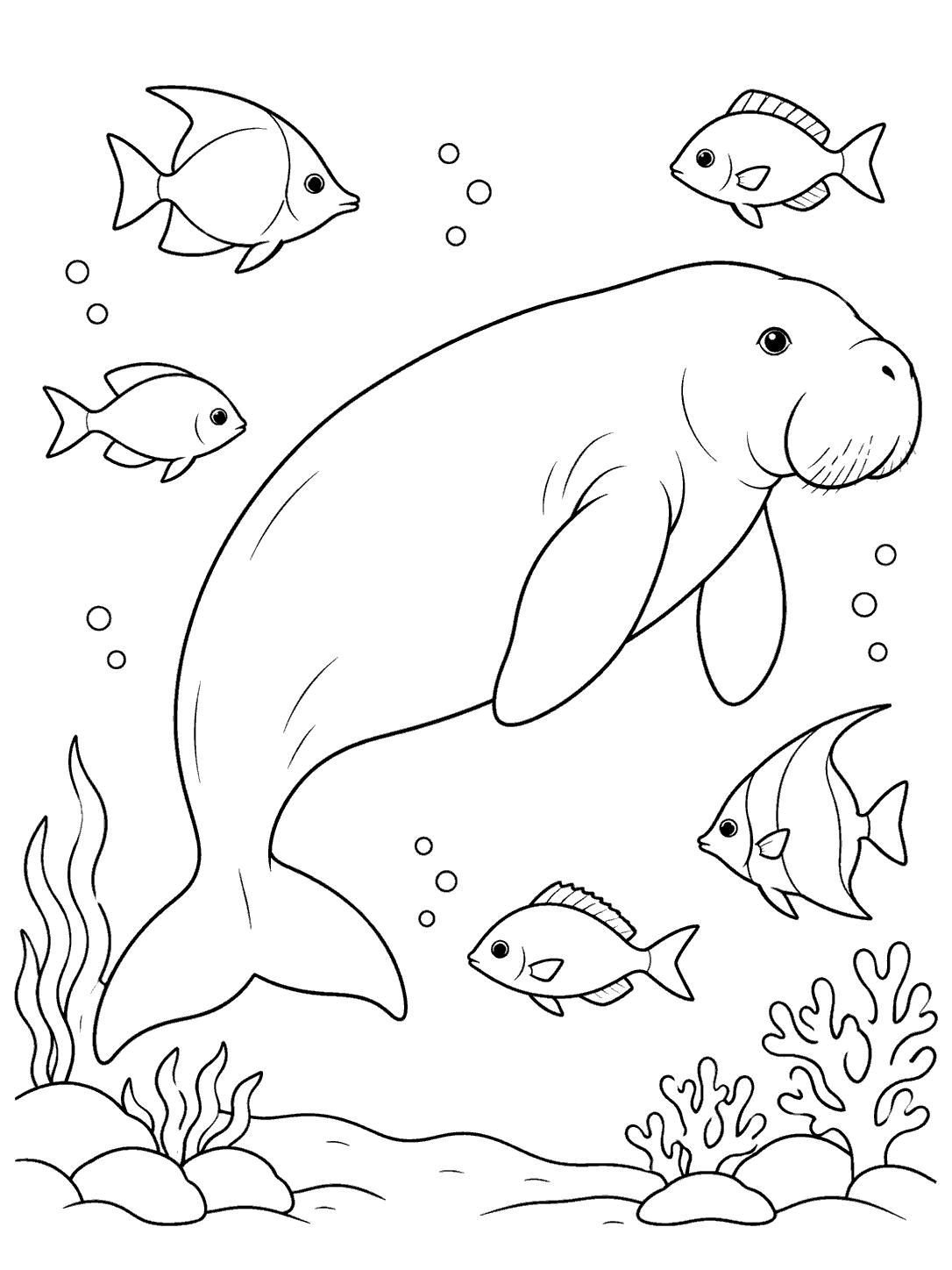 Black-and-white dugong coloring page with five small fish and coral