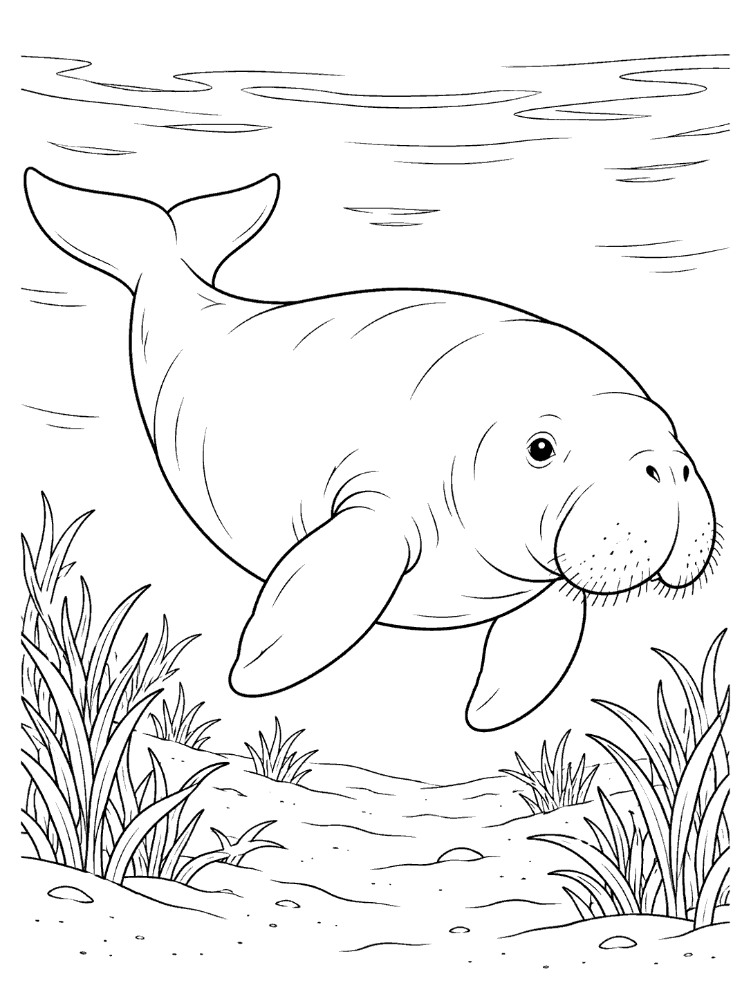 Dugong swimming above the lagoon floor between seagrass clumps, with gentle ripples, in a coloring page.