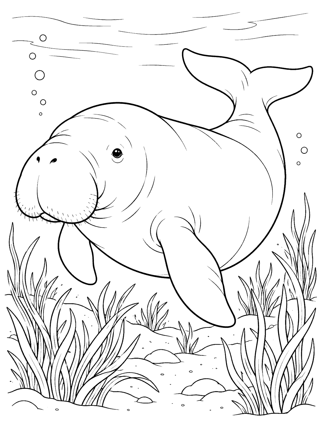 Dugong turning its head while swimming coloring page