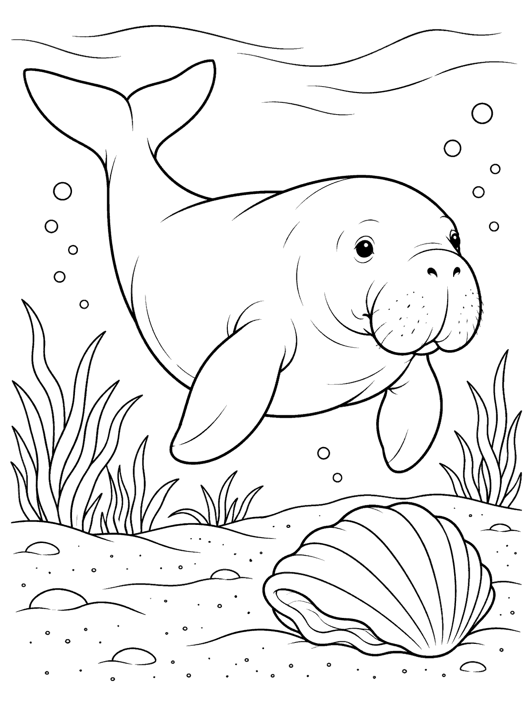 Black and white dugong swimming above a large seashell on the sandy seabed, in a coloring page.
