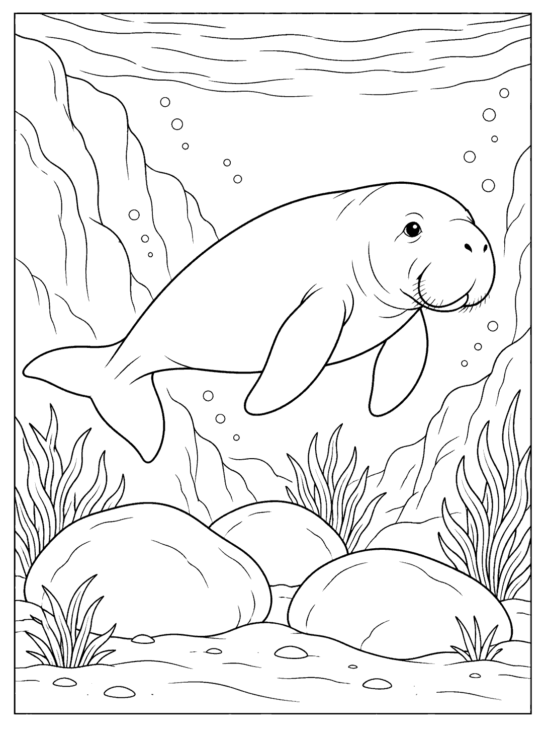Dugong swimming through a rocky cove above three smooth stones in a coloring page
