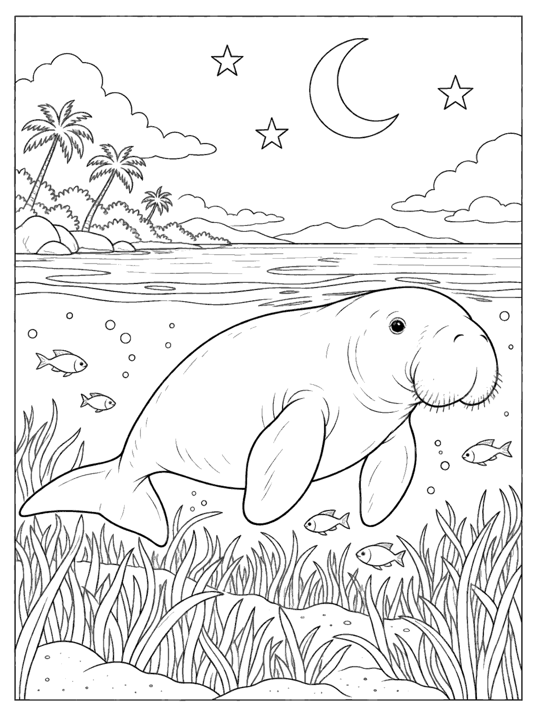 Dugong in a quiet moonlit coastal bay coloring page