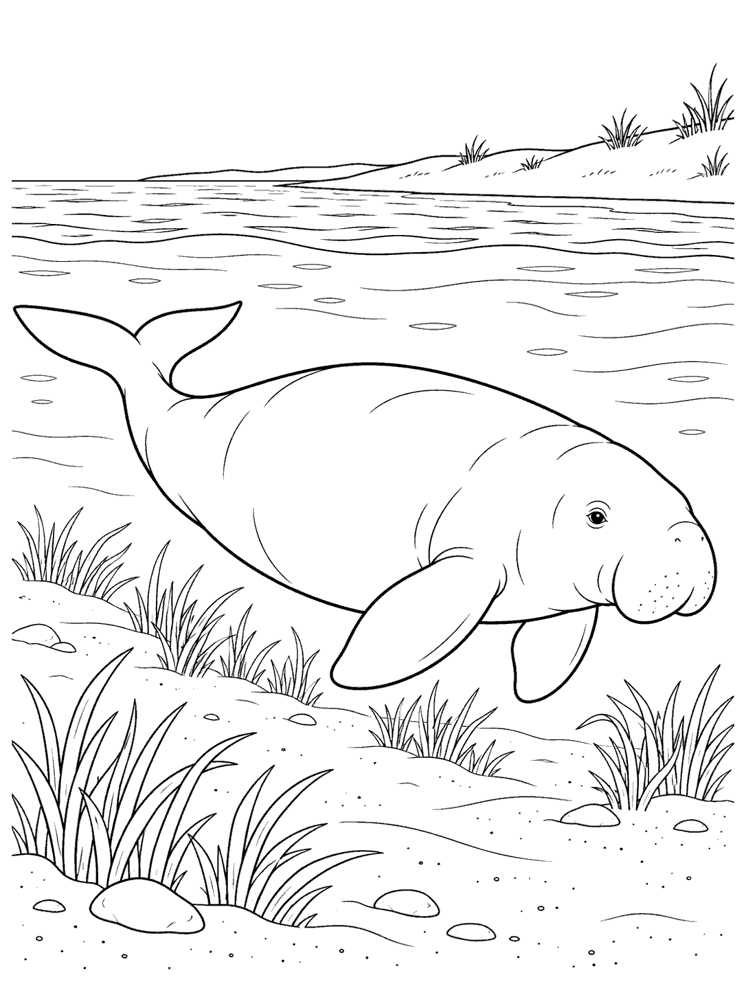 Dugong swimming near a sandy shoreline coloring page