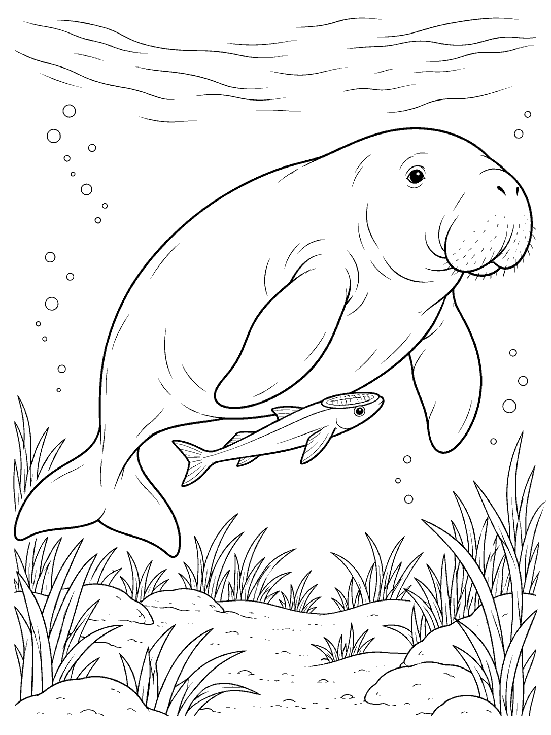 Black-and-white coloring page of a dugong swimming above seagrass with a small remora beneath its underside.