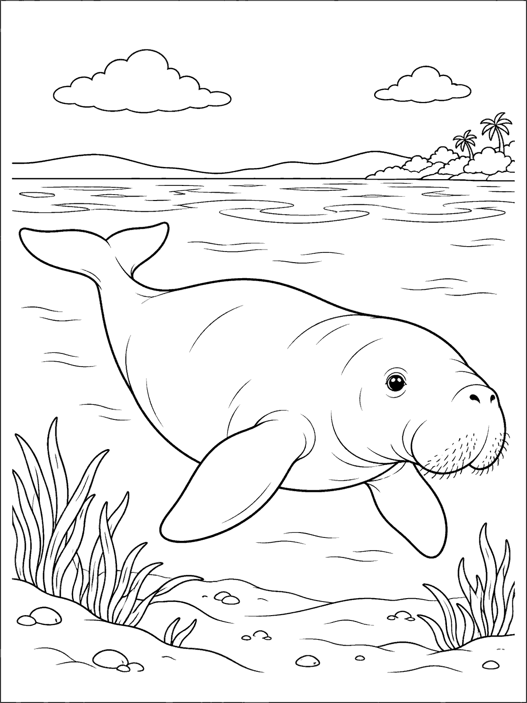 A large dugong swimming above the seabed in a coastal bay, with clouds, shoreline, and sparse water plants in a black-and-white coloring page.