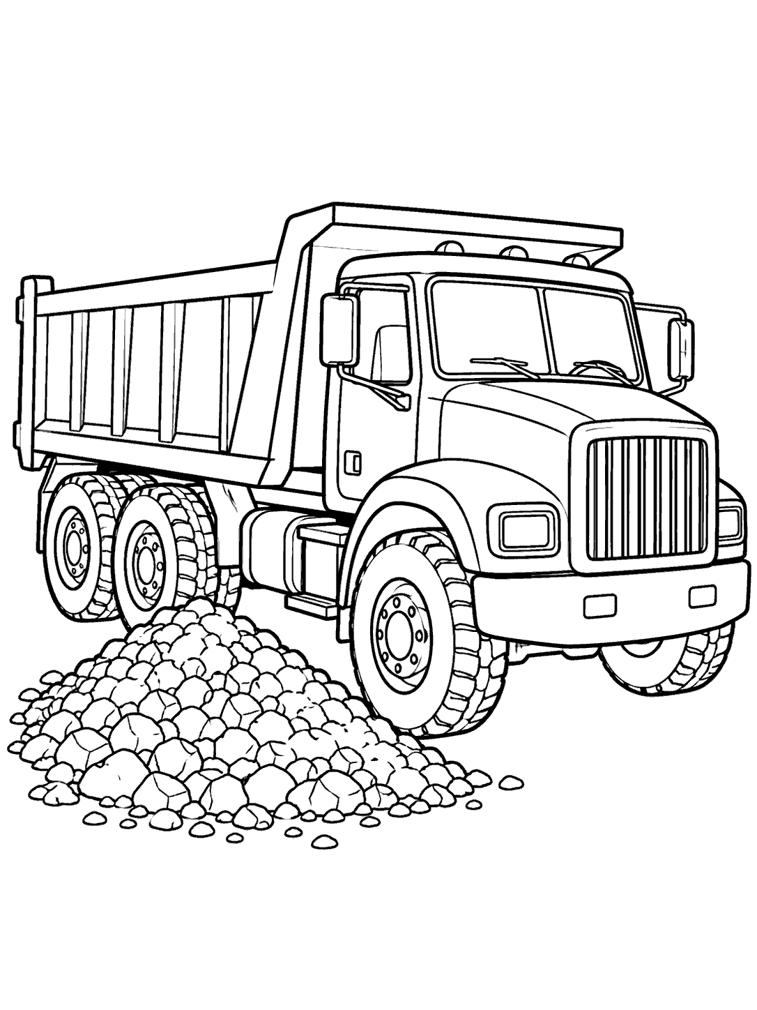Classic dump truck with an empty level bed beside a pile of gravel