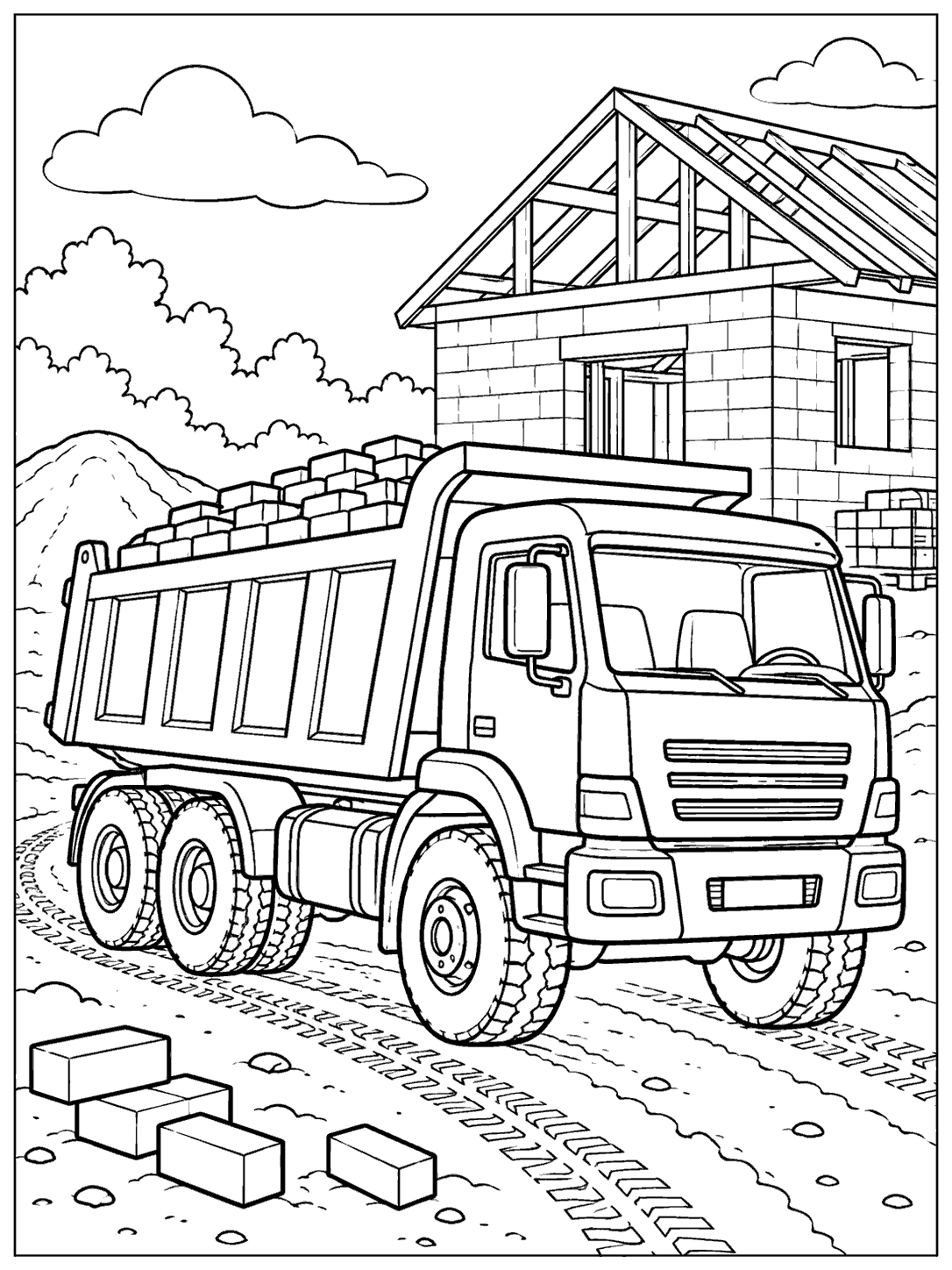 Large dump truck carrying bricks past a partly built house with a roof frame, scattered bricks, and tire tracks.