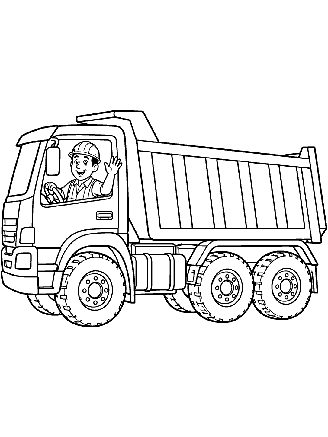 Friendly driver waving from dump truck cab