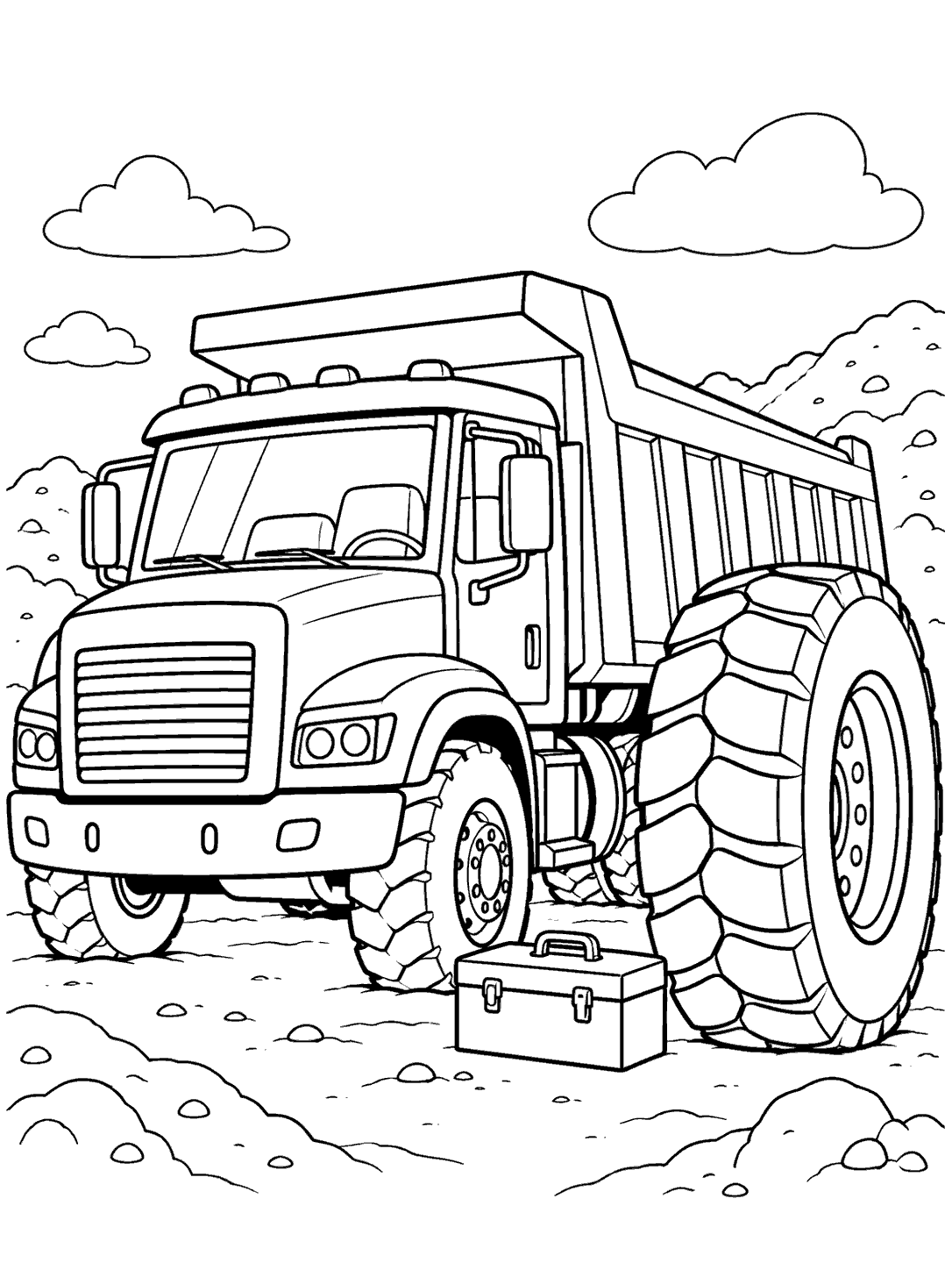 Black-and-white dump truck coloring page with an oversized upright spare tire and a small toolbox