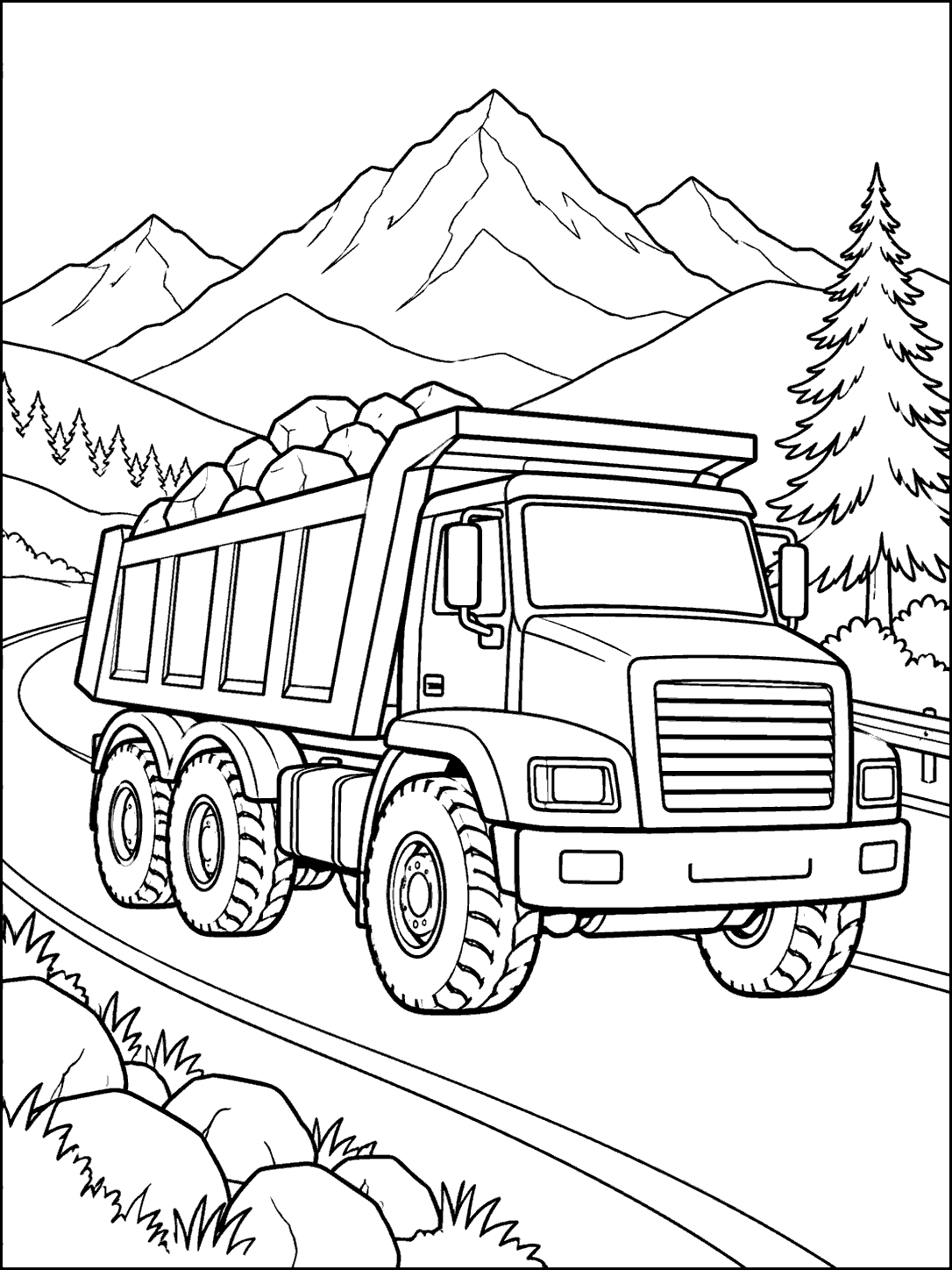 Large dump truck carrying rocks on a winding road, with mountain peaks and pine trees in the background