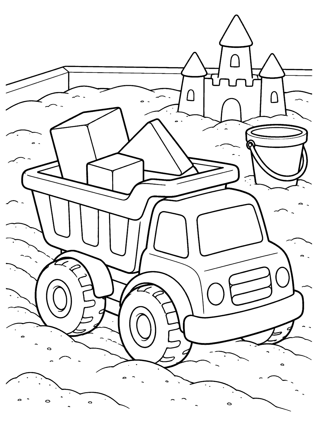 Compact toy dump truck carrying wooden blocks through a sandbox, with a bucket and sandcastle in the background