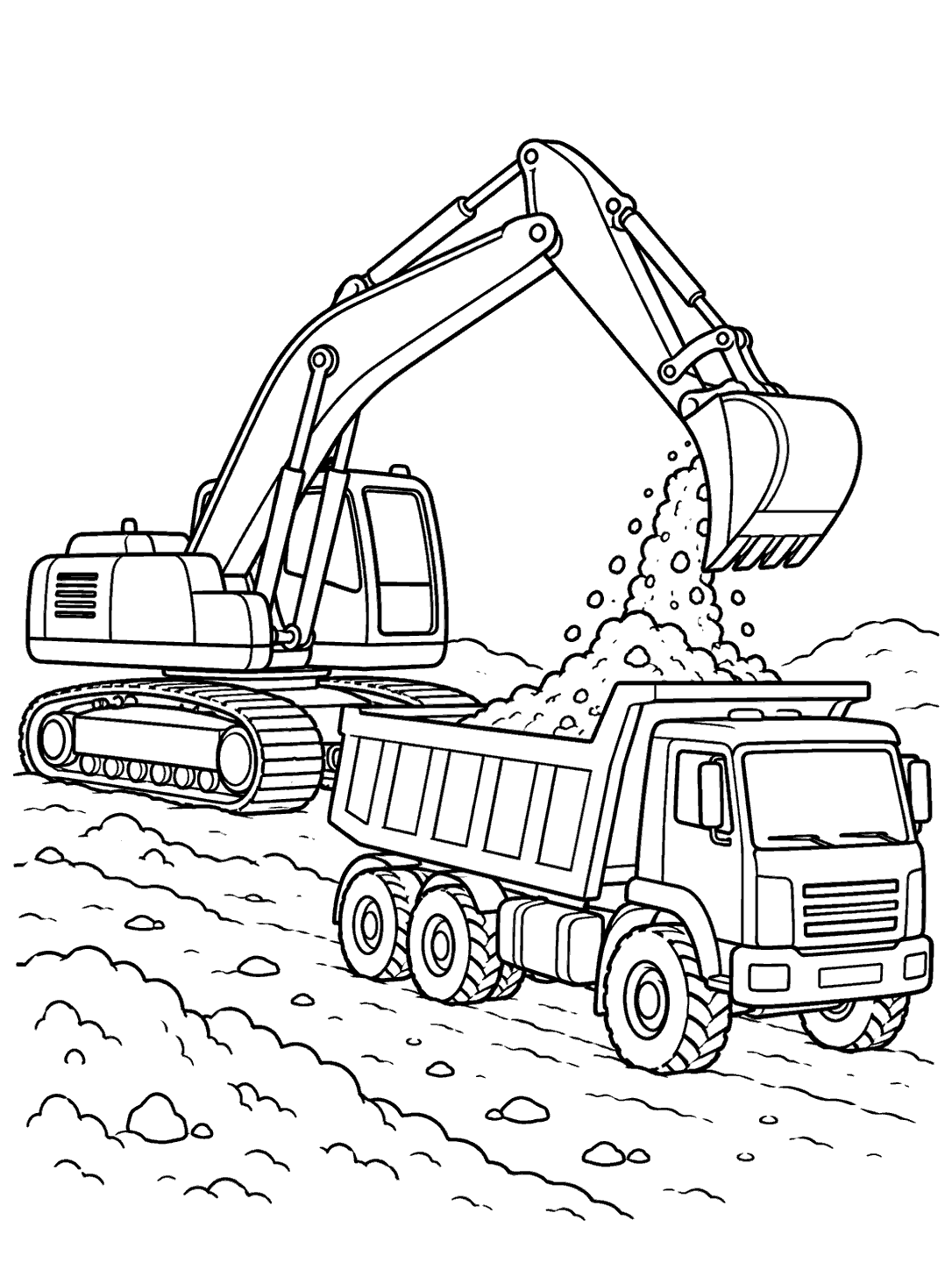 Tracked excavator tipping soil into a dump truck