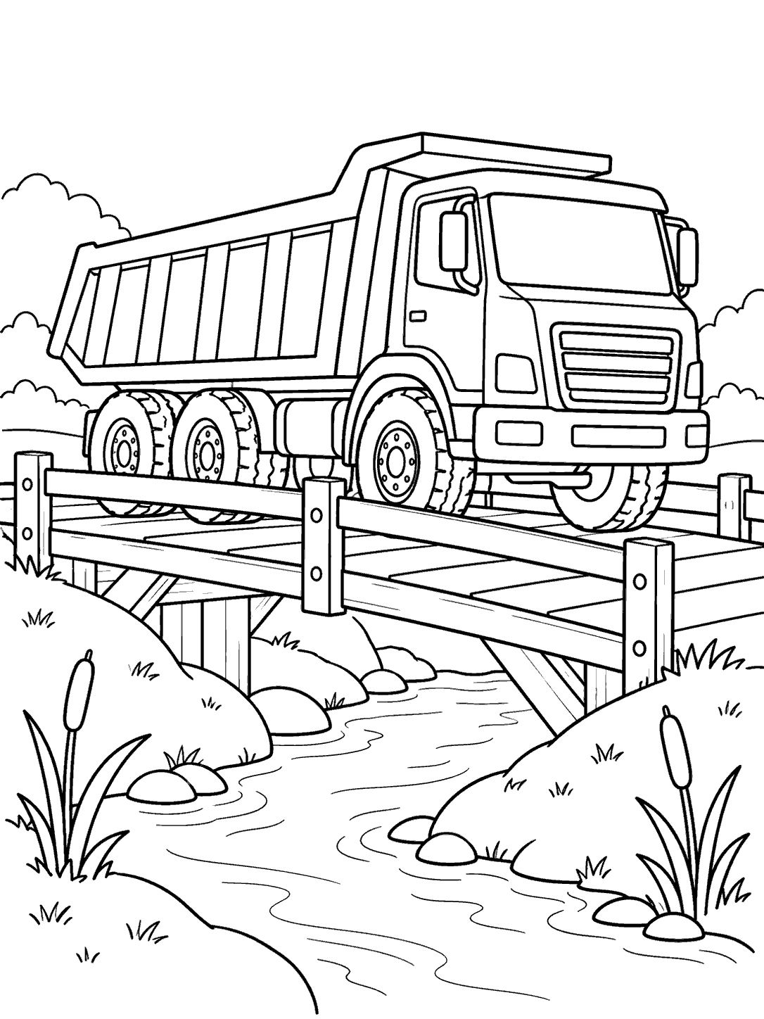 Empty-bed dump truck crossing a wooden bridge over a narrow stream, with reeds and rounded banks.