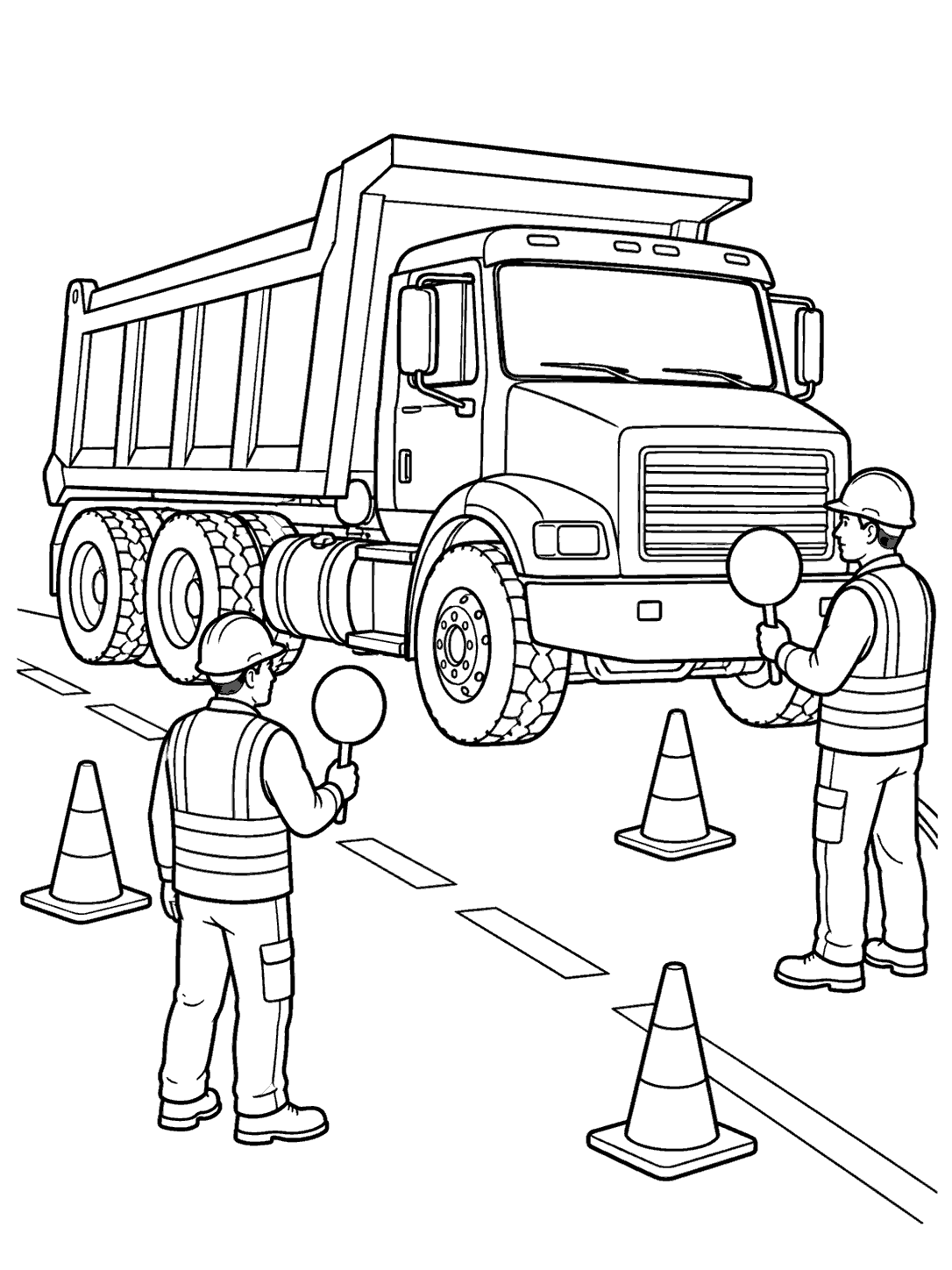 Two hard-hat road workers hold traffic paddles beside a dump truck, cones, and lane markings.