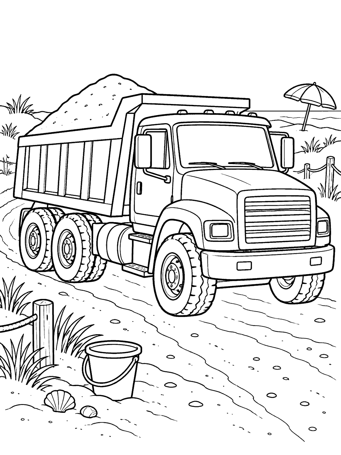 Dump truck carrying sand on a beach access path, with a pail and distant umbrella.