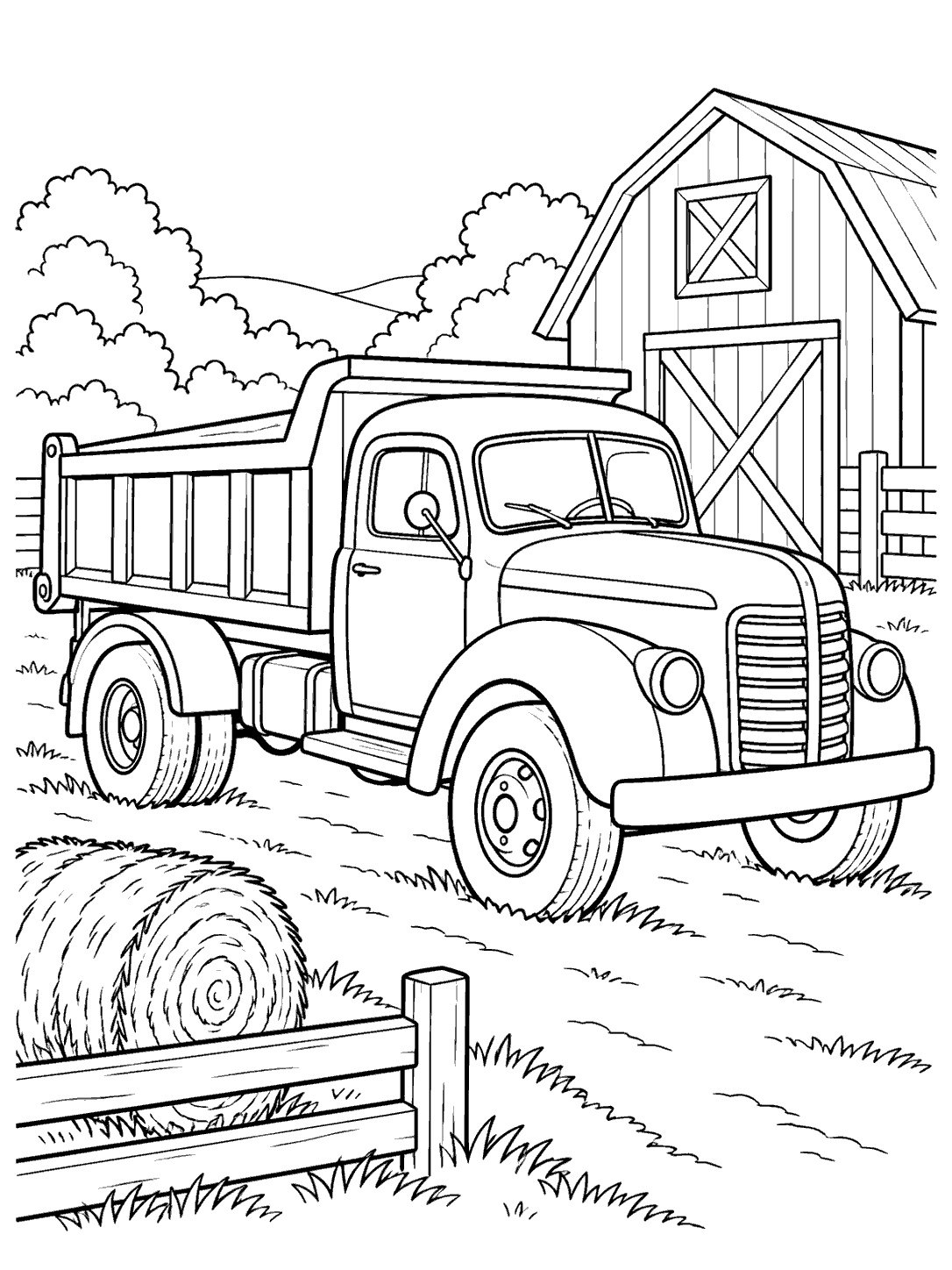 Vintage dump truck beside a barn, with a hay bale and fence