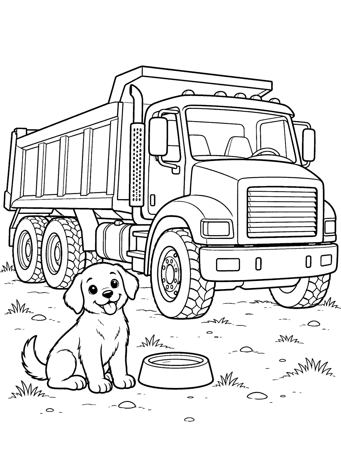 A large dump truck with its bed lowered stands behind a seated puppy and a nearby water bowl.