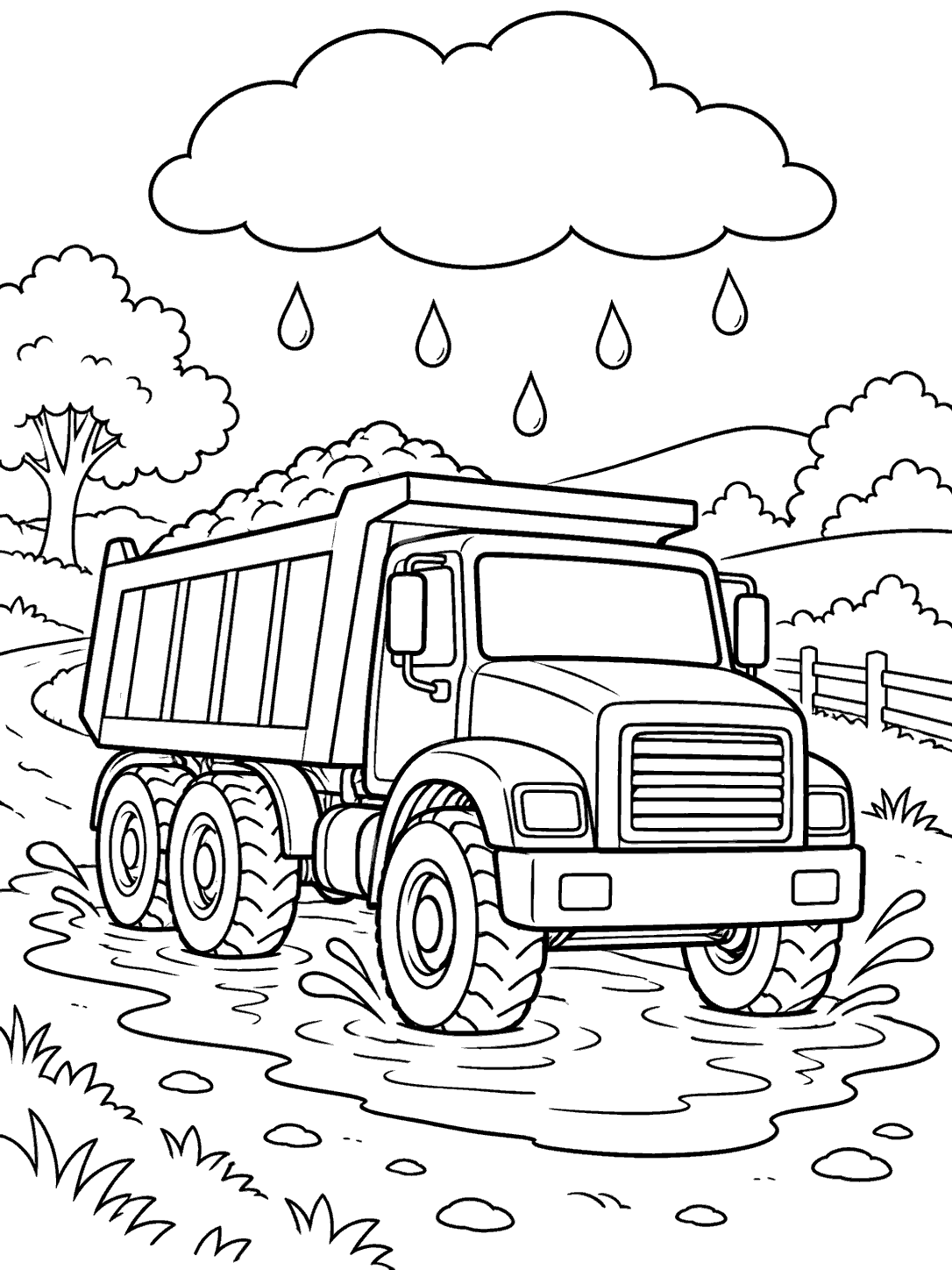 A large dump truck splashes through a puddle on a country road beneath a rain cloud, with trees, hills, and a fence in the background.