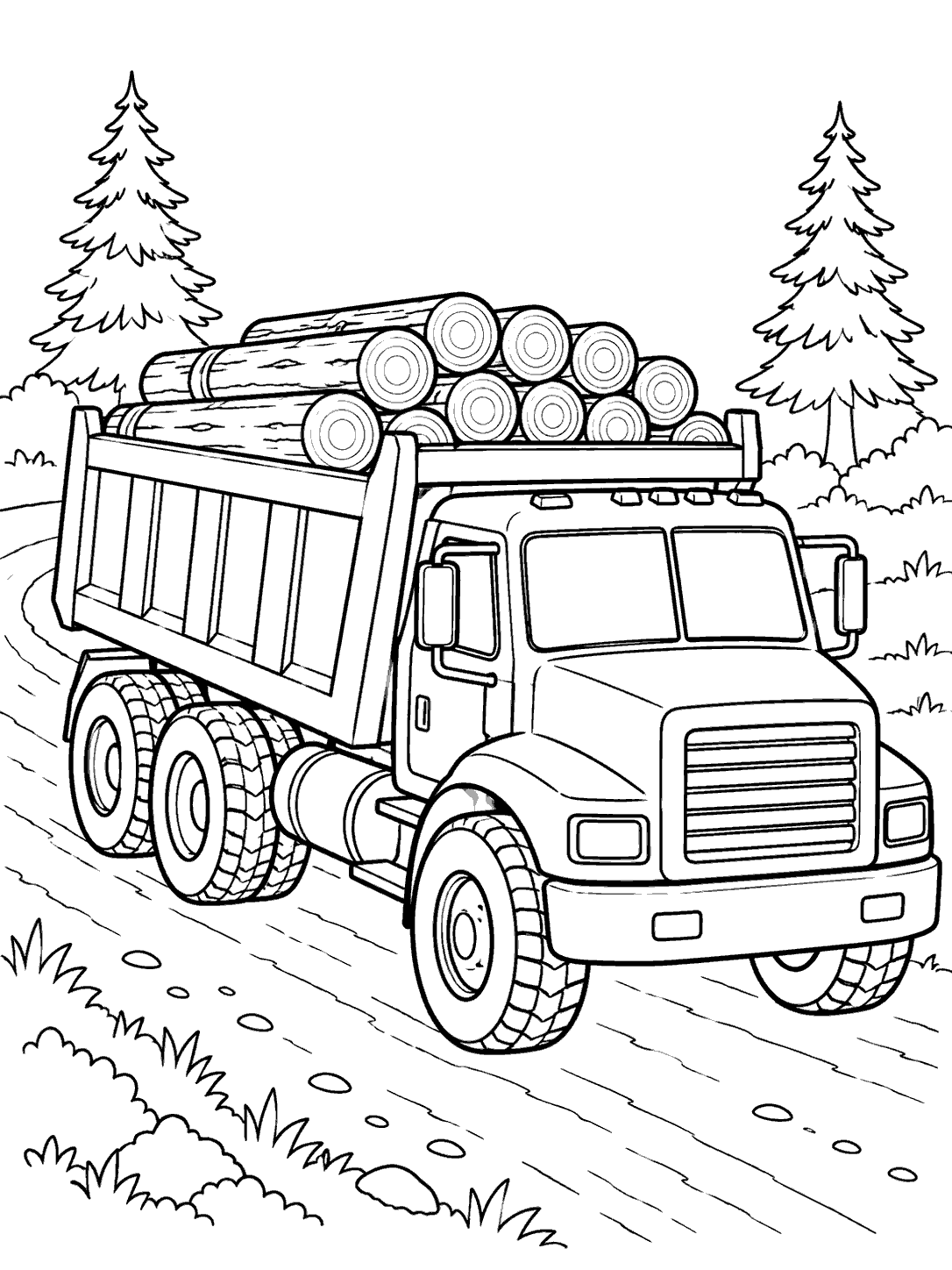 Dump truck carrying a stack of logs on a forest road with evergreen trees behind it