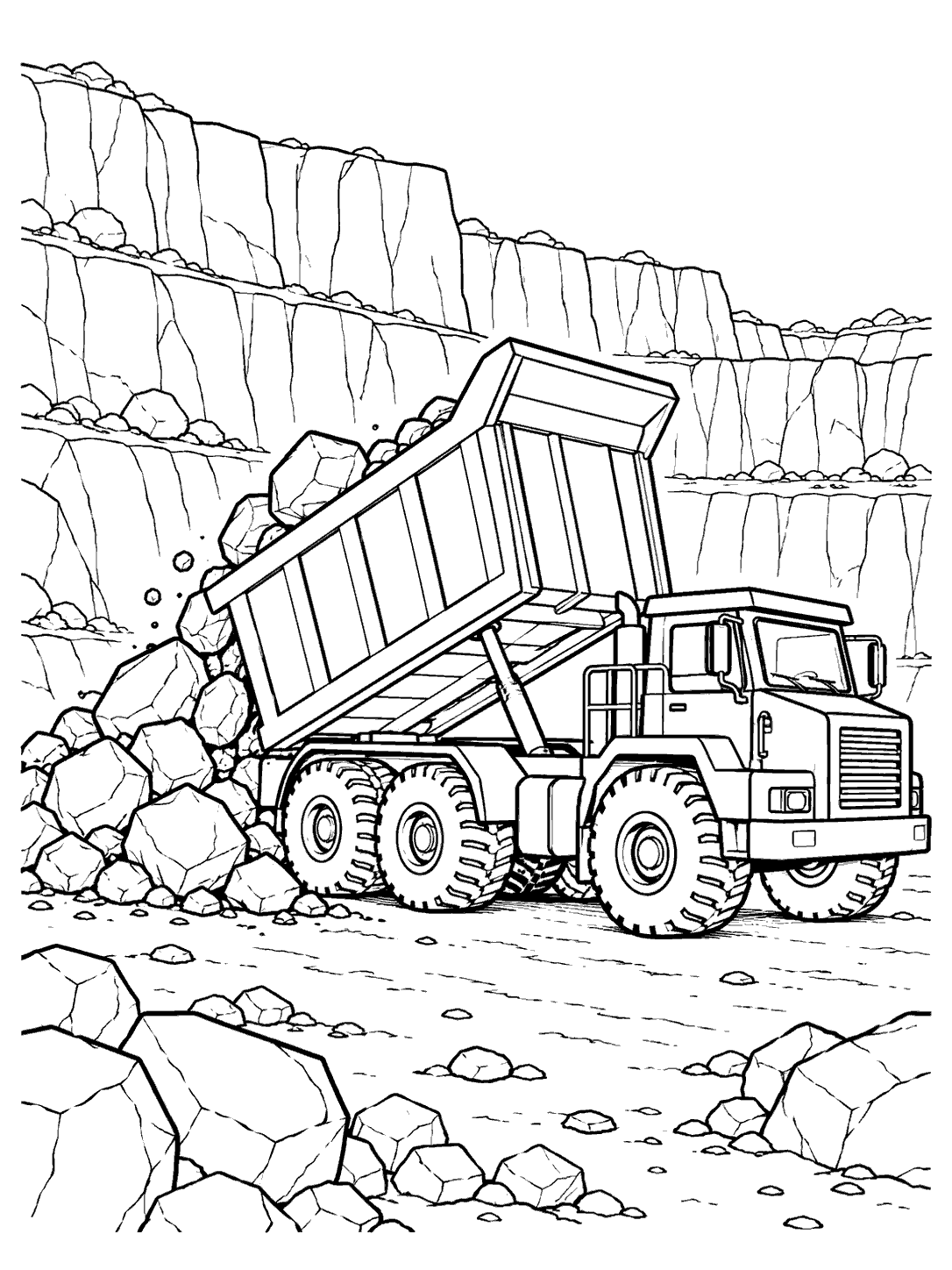 A dump truck with its bed raised beside a pile of rocks in a stepped quarry.