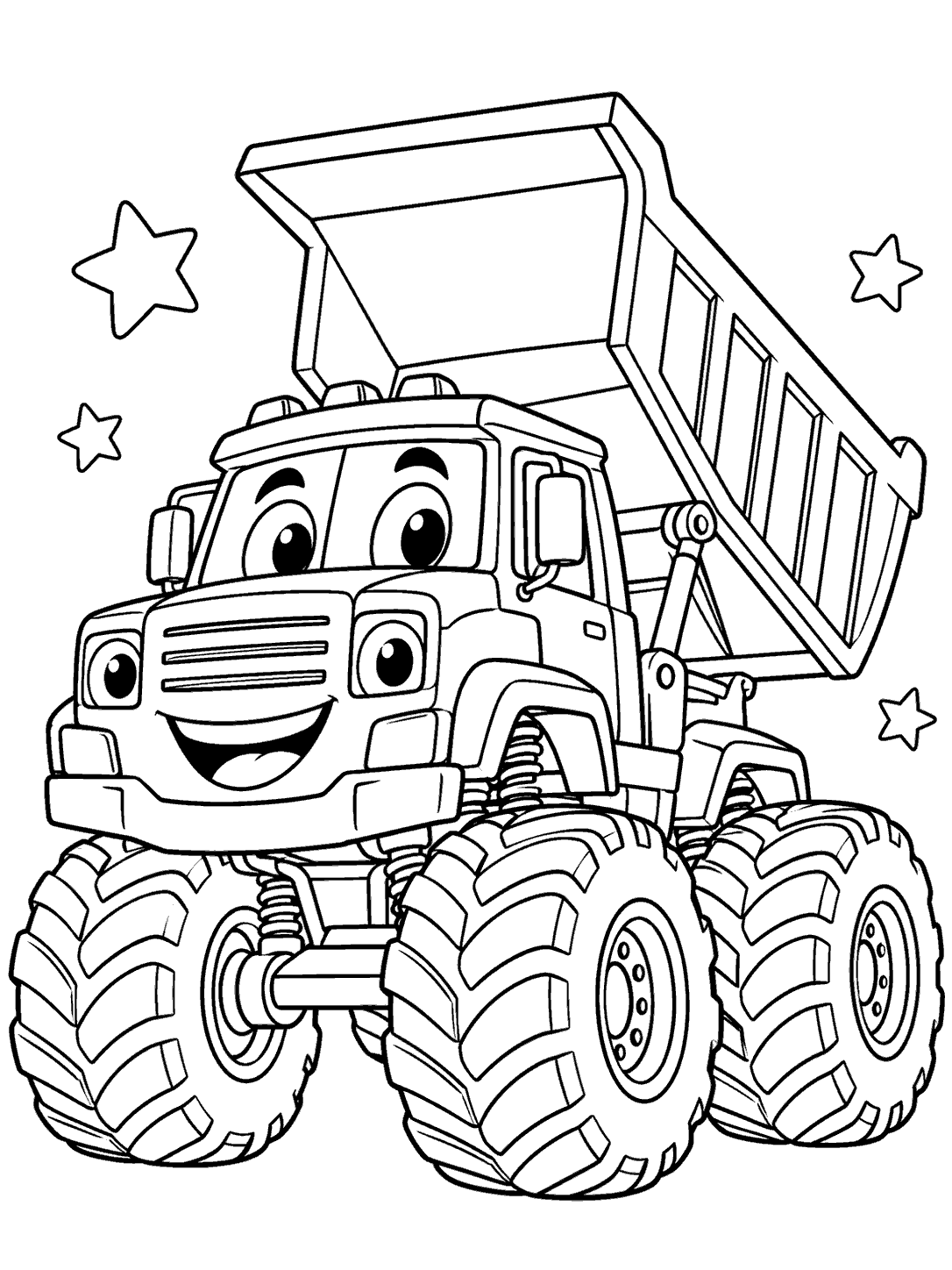 Black-outline coloring page of a smiling monster dump truck with a raised empty bed, oversized knobby wheels, and stars.