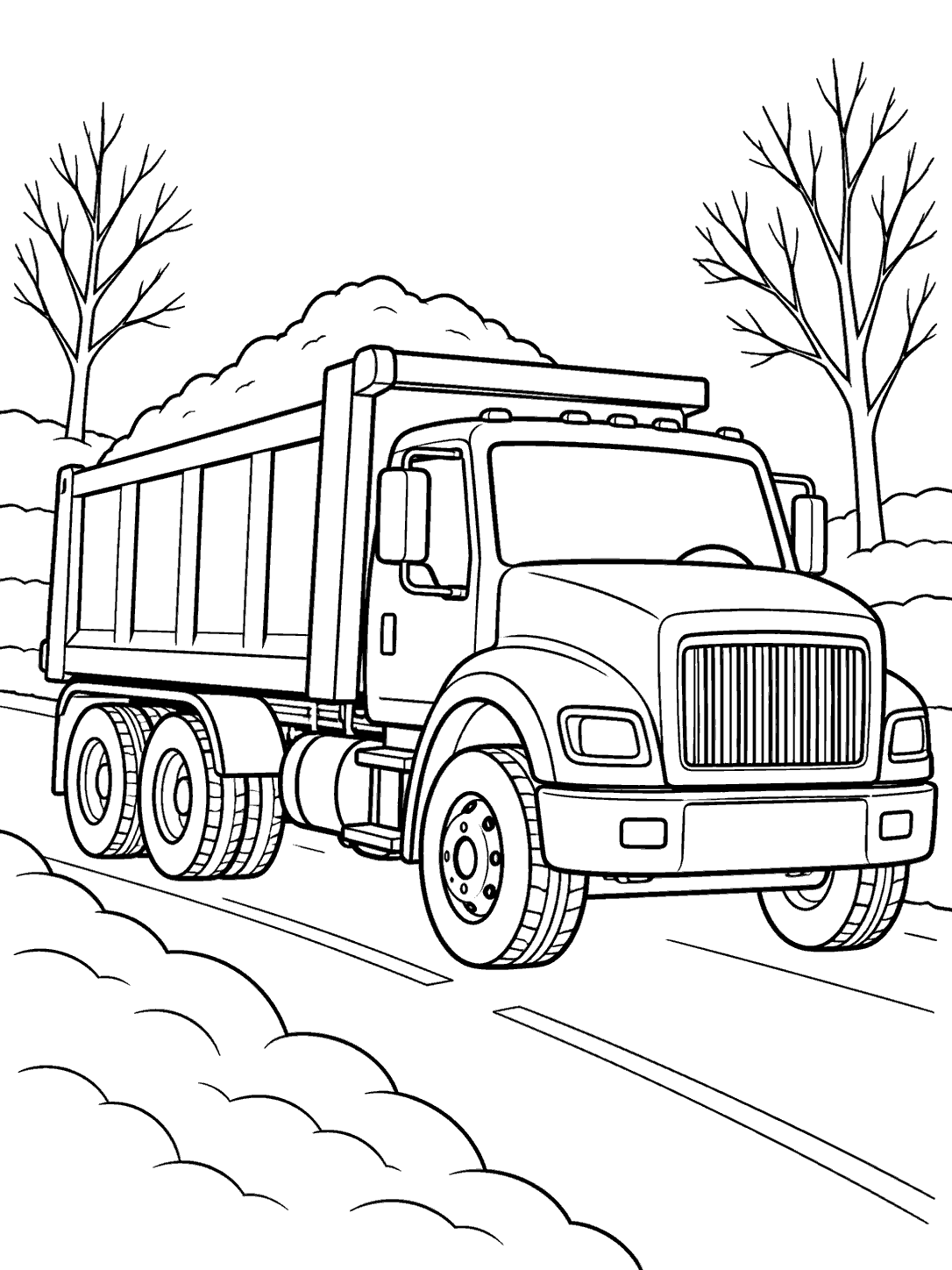 Large dump truck carrying snow between two bare trees, beside a snowbank on a cleared road