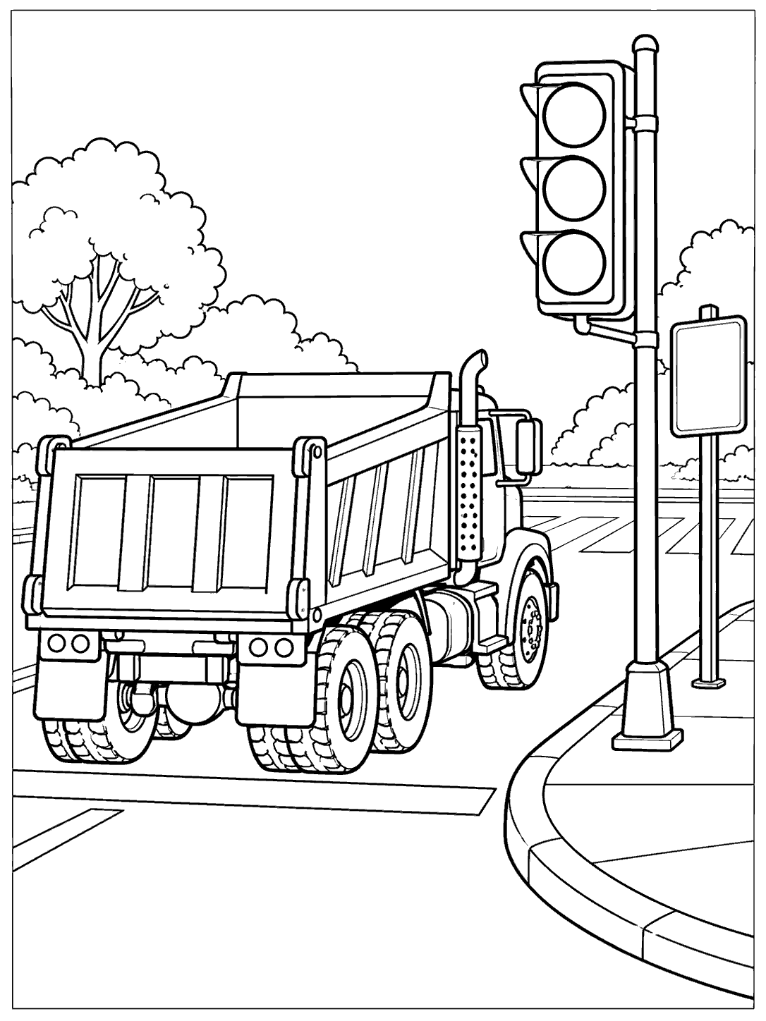 Dump truck stopped behind a road line beside a traffic light and blank street sign