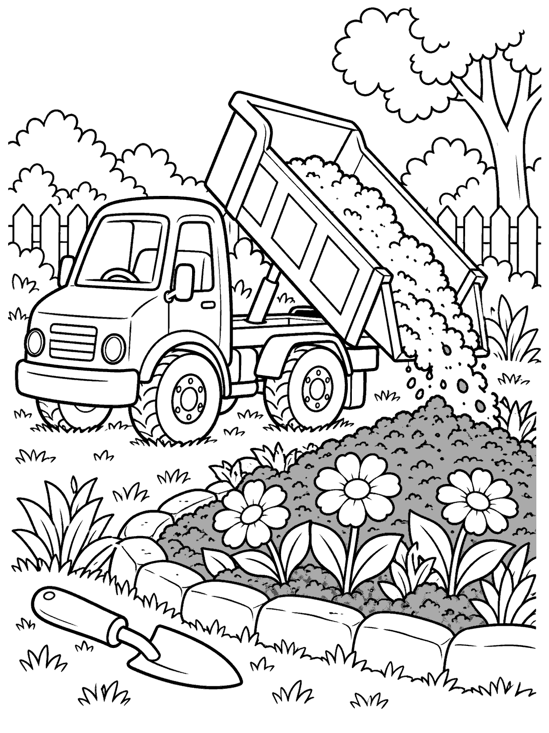 A dump truck tips soil into a flower bed with three flowers and a trowel in a garden.