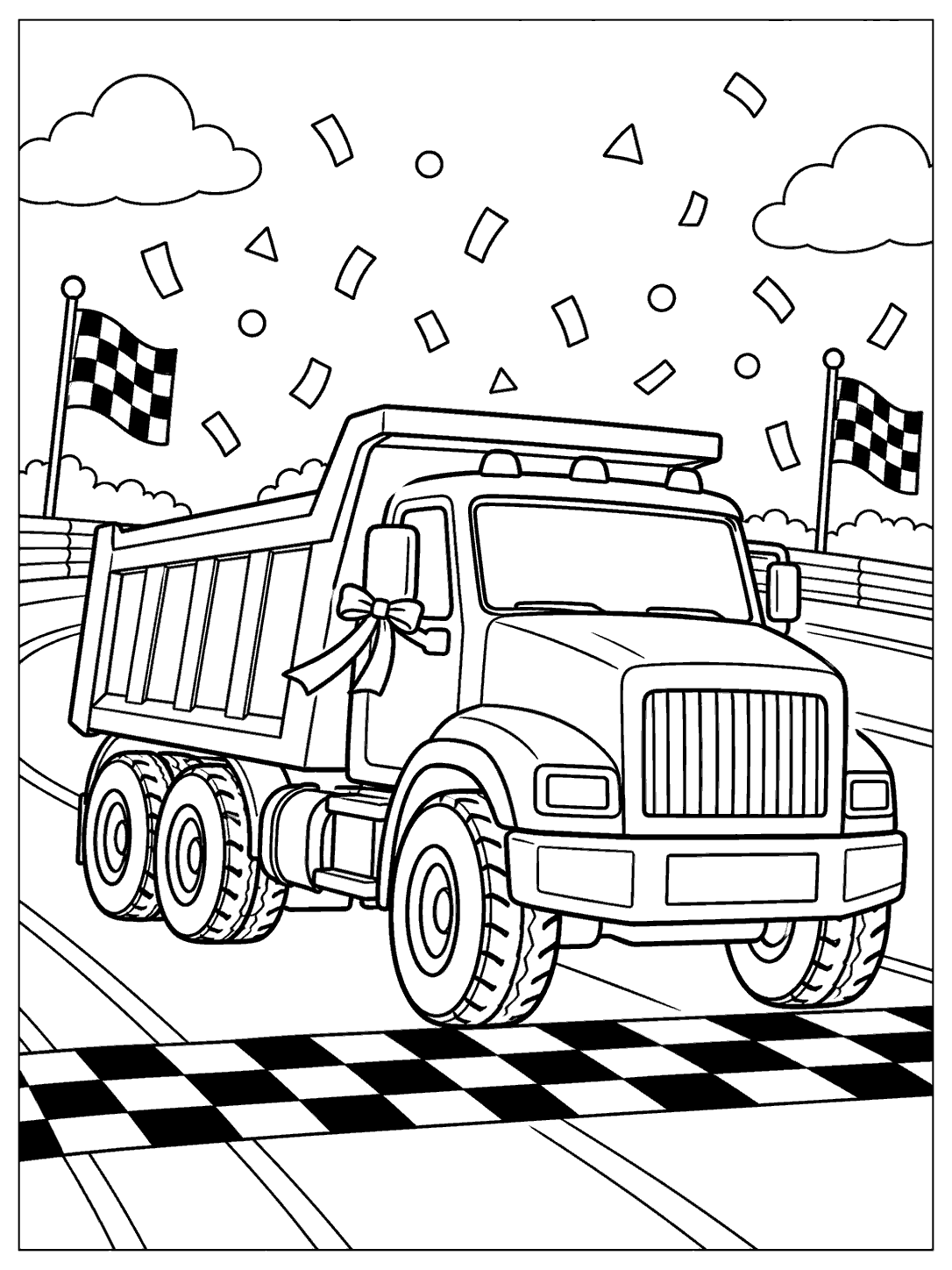 Large dump truck with a ribbon on its side mirror crossing a checkered finish line, with confetti overhead