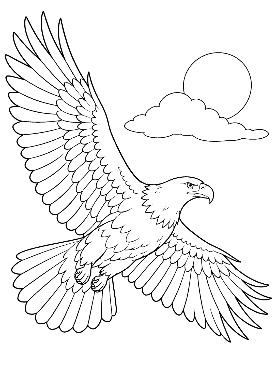 Black-outline coloring page of a bald eagle soaring with wings spread and tail feathers fanned, beneath a sun and cloud.