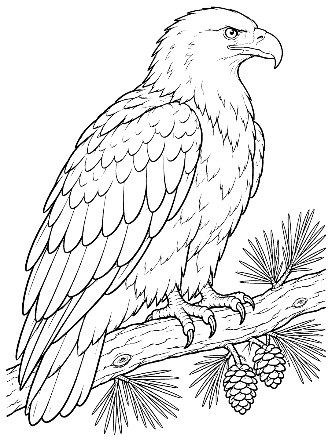 Black-and-white line art of a bald eagle perched on a thick pine branch with pine needles and two cones.