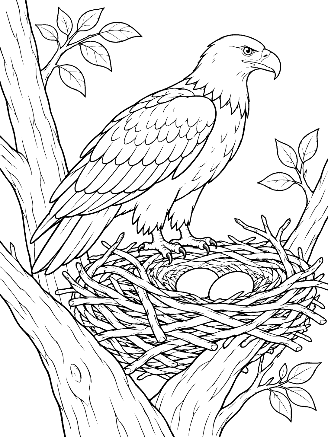 Adult eagle standing above a large nest with two eggs in a tree fork.