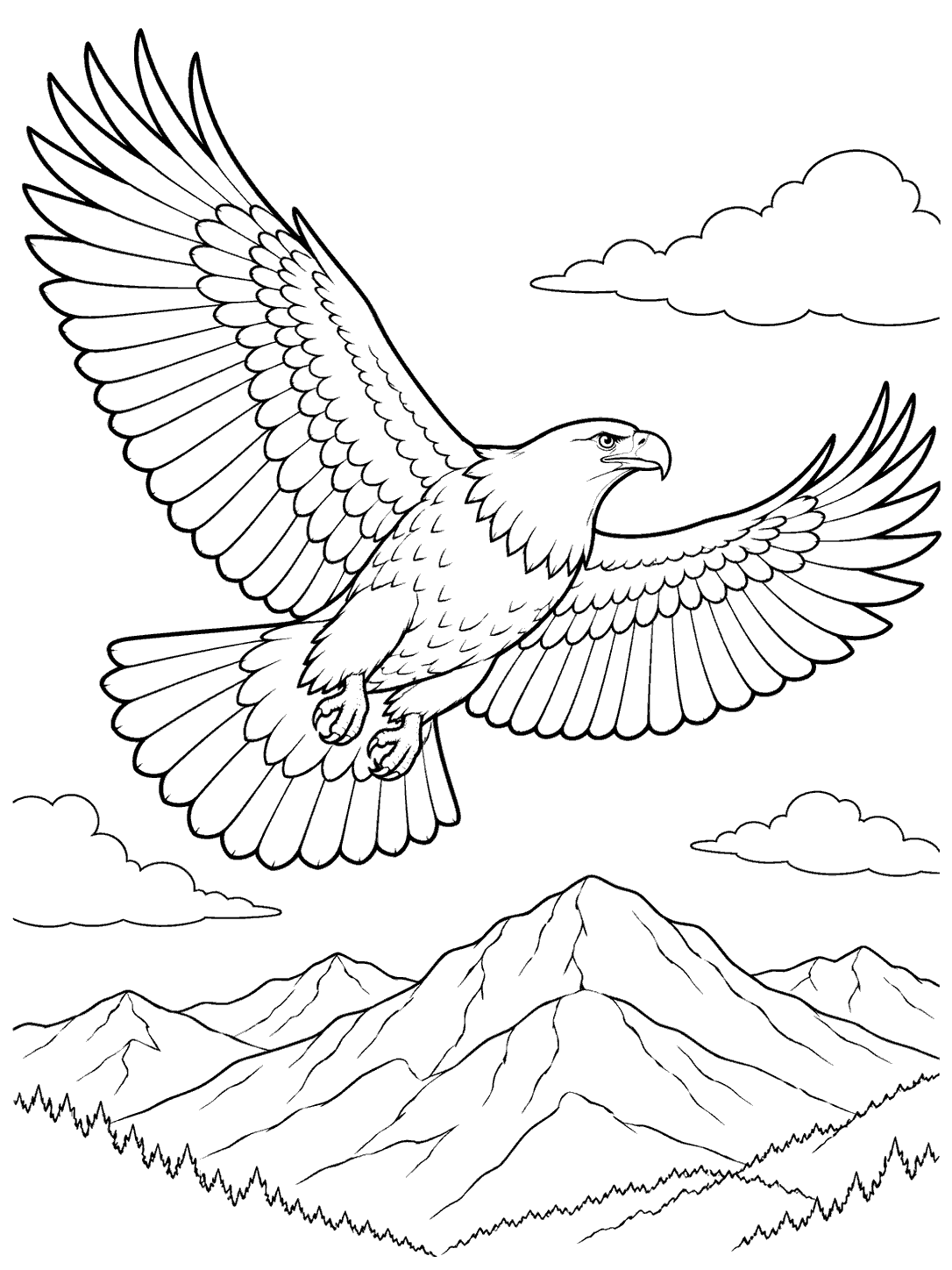 Open-winged eagle flying above a mountain range with sparse cloud outlines.