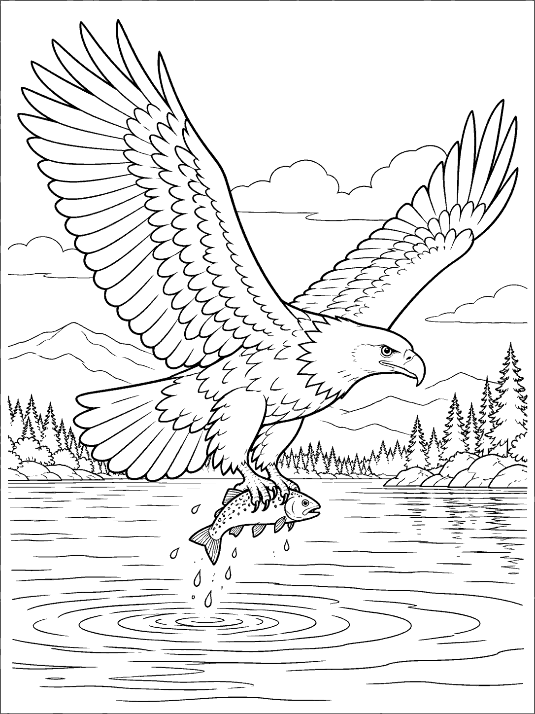 An eagle flying above a lake with a fish in its talons, ripples below, and a forested shoreline in the distance.