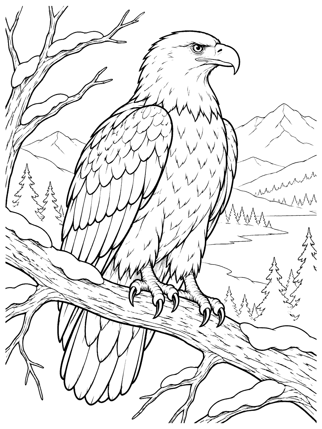 Black-and-white coloring page of an eagle perched on a snowy branch in a mountain forest.
