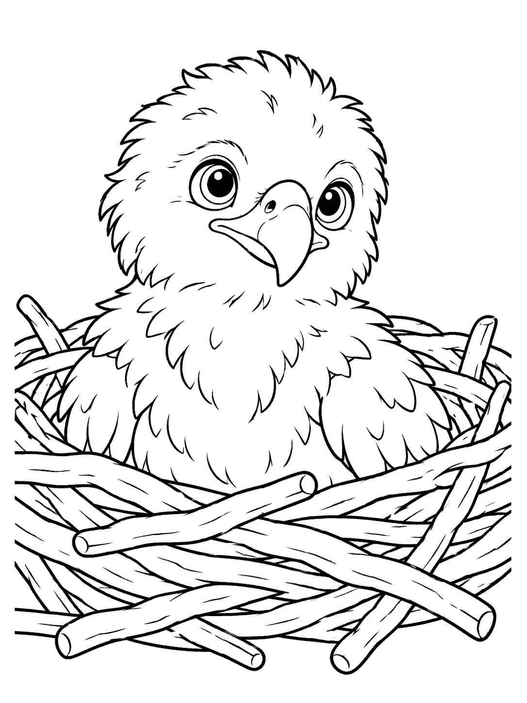 A wide-eyed young eaglet nestled inside a large stick nest
