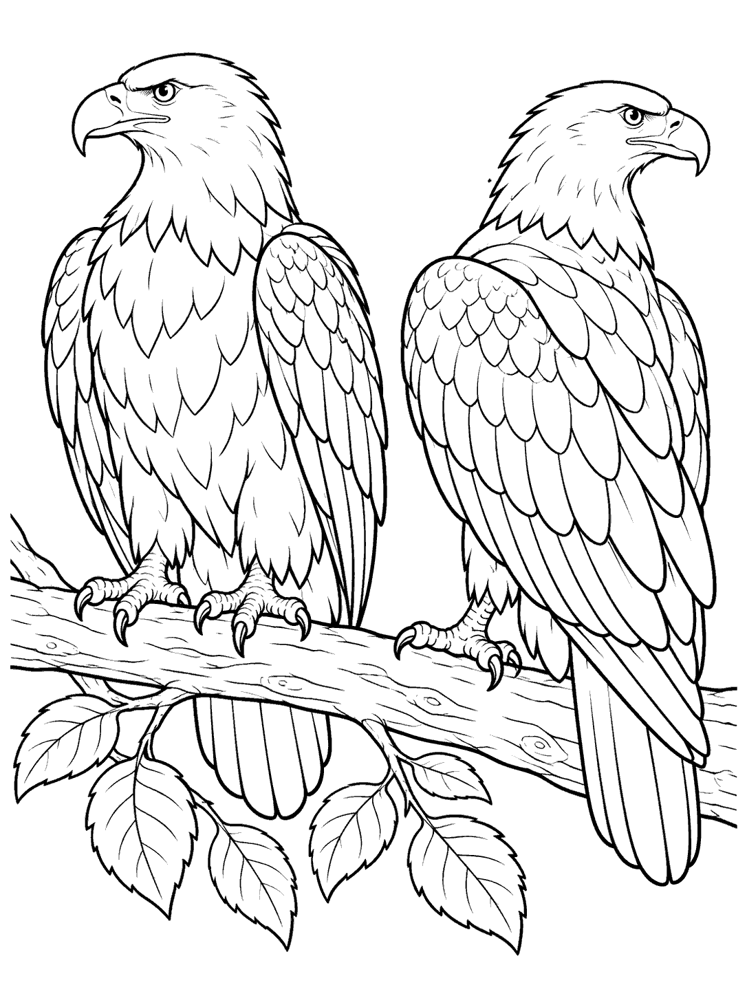 Two detailed eagles face away from each other while perched on a wide branch, with leaves below.