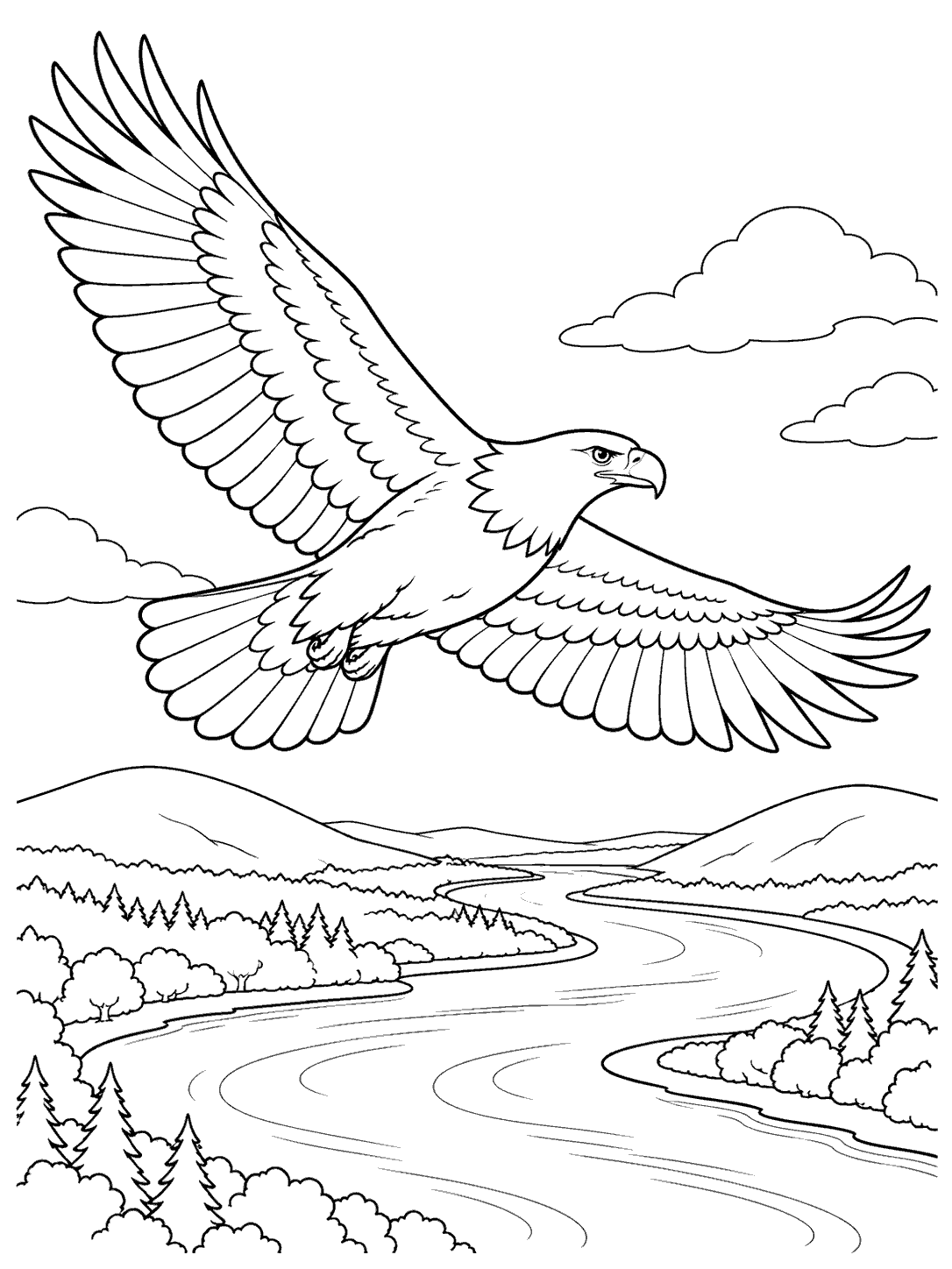 Large eagle gliding over a winding river, with hills and tree-lined banks.