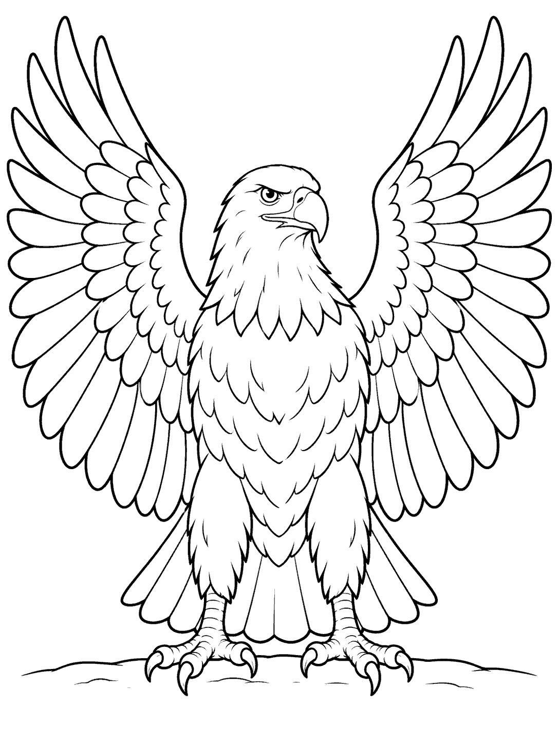 Front-facing eagle standing on a short ground line with both wings spread wide.