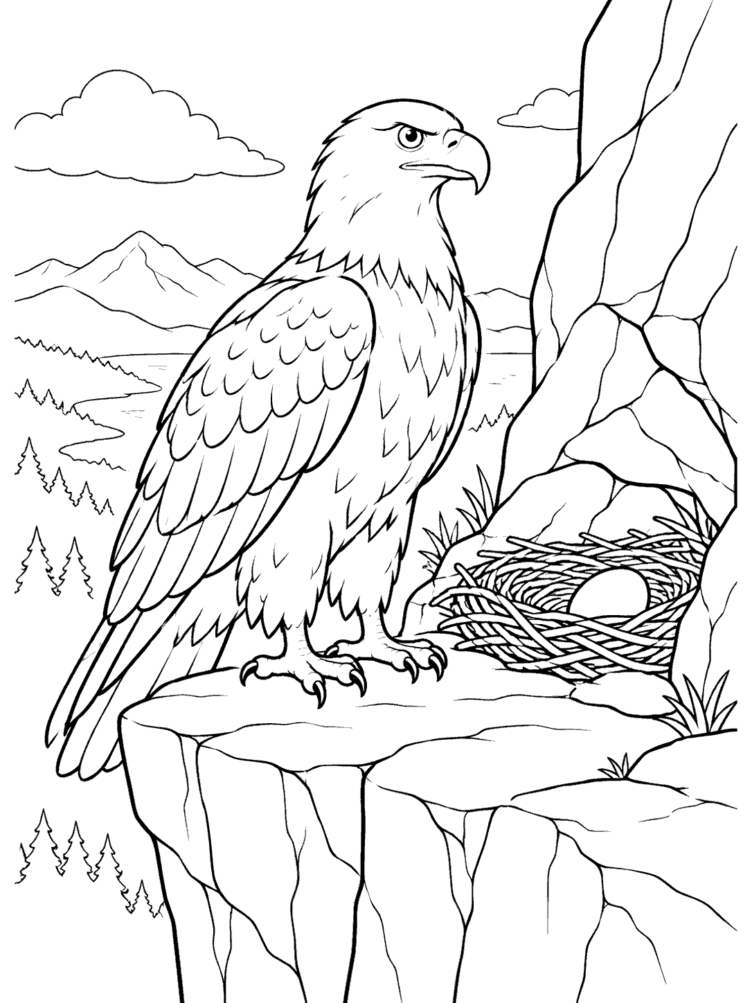 A detailed eagle standing on a cliff ledge beside a nest with one egg, with mountains and clouds in the background.