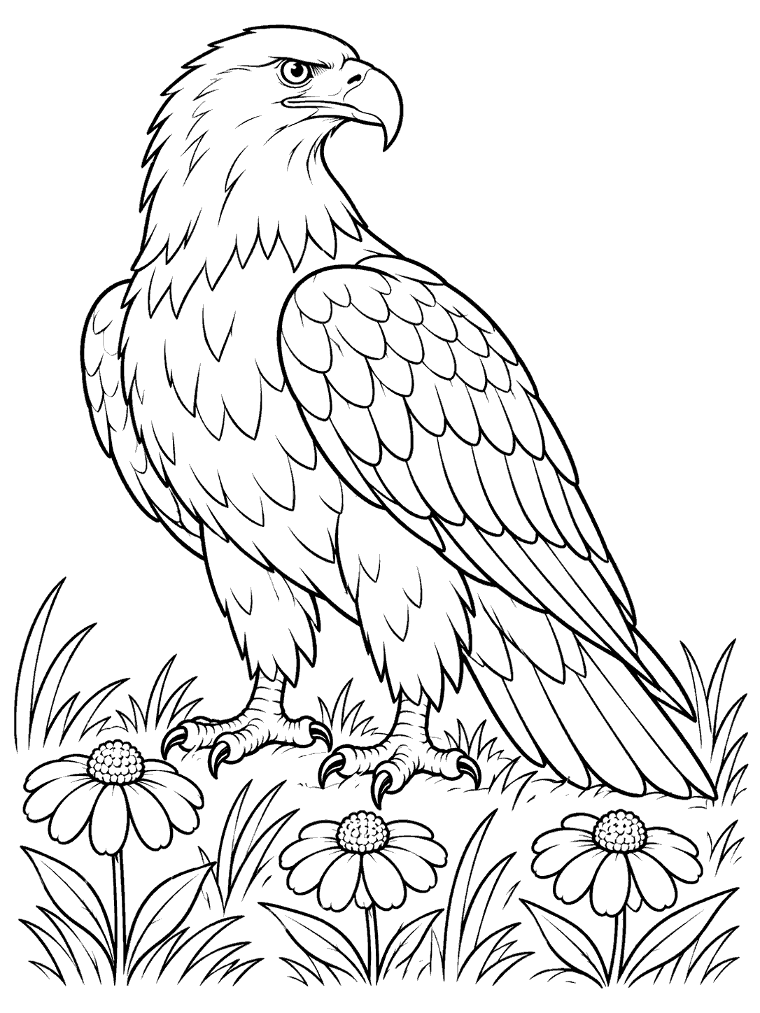 Detailed eagle standing above three large wildflowers in a meadow